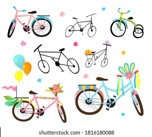 Funny decorated bicycles hand drawn collection, colorful clipart for kids projects. Quirky bikes objects set isolated on white, cute festive cycle collection. Vector cartoon illustration for kids.