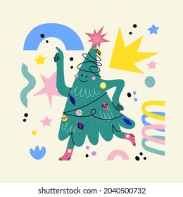 Funny decorated Christmas tree character with face, hands legs. Hand drawn vector fir-tree showing emotions. Christmas and New Year print for greeting cars, T-shirt, posters. Dancing cartoon Xmas tree