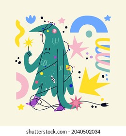 Funny decorated Christmas tree character with face, hands legs. Hand drawn vector fir-tree showing emotions. Christmas and New Year print for greeting cars, T-shirt, posters. Sad cartoon Xmas tree