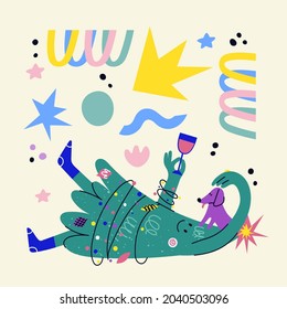 Funny decorated Christmas tree character with face, hands legs. Hand drawn vector fir-tree showing emotions. Christmas and New Year print for greeting cars, T-shirt, posters. Lying cartoon Xmas tree