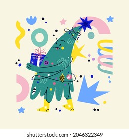 Funny decorated Christmas tree character with face, hands legs. Hand drawn vector fir-tree showing emotions. Christmas and New Year print for greeting cars, T-shirt, posters. Dancing cartoon Xmas tree