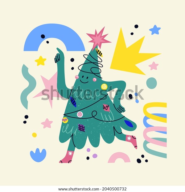 Funny decorated Christmas tree character with face,\
hands legs. Hand drawn vector fir-tree showing emotions. Christmas\
and New Year print for greeting cars, T-shirt, posters. Dancing\
cartoon Xmas tree