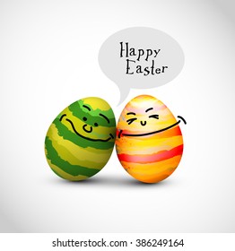 Funny decorated easter eggs with a speech bubble saying Happy Easter