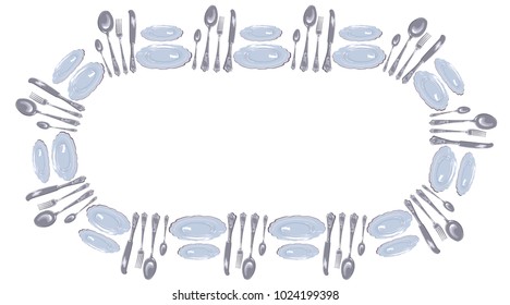 funny decoration ellipse frame in the form of cutlery - plates, spoons, forks and knives arranged in a circle, for menus and table layouts