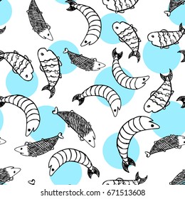 Funny decorative  fish outline pattern on white background