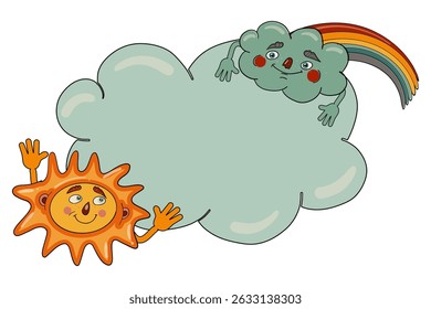 Funny decorative frame with doodle characters (sun and rainy cloud), with Copy Space. For children’s and playful projects, invitations, labels, tags, note sheets, stickers, greeting cards, and banners