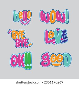 FUNNY DECORATIVE STICKER, HOLA, WOW, BYE, LOVE, OK, BUENO APROVECHAMIENTO EN MEDIOS SOCIALES, BANNER, AFICHE