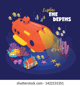 Funny deep diving bathyscaphe on ocean bottom surrounded by fish coral reef treasure chest isometric vector illustration 