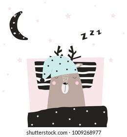 Funny deer asleep in his bed. Vector hand drawn illustration.