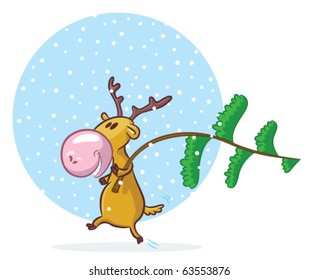 Funny deer be going to decorate pine-tree for Christmas