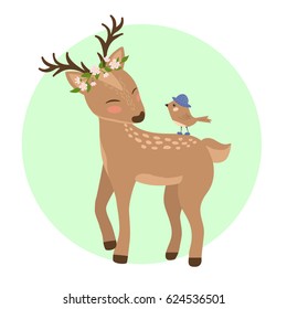Funny deer and bird. Vector illustration for summer season.