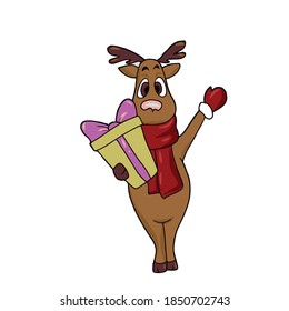 Funny deer with a box .vector children's illustration on a white isolated background for banners, postcards and stickers,