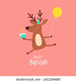 Funny deer with a cake and the yellow balloon. Happy Birthday card. Vector illustration. Use for card, poster, banner, web design and print on t-shirt.