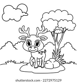 Graciosa ilustración vectorial de personajes de dibujos animados de ciervos. Para los niños coloreando el libro.