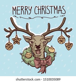 Funny deer with christmas decorations on the horns. Vector illustration