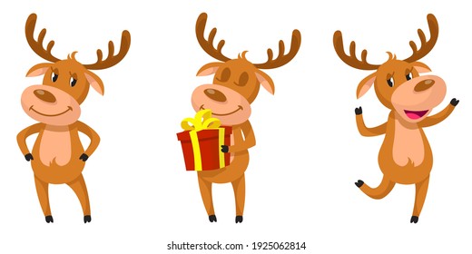 Funny deer in different poses. Christmas character in cartoon style.