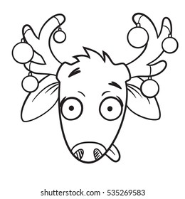 Funny deer face, christmas balls, winter holiday, black and white