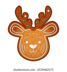 Funny deer face gingerbread cookie flat color vector object. Healthy Christmas biscuit decorated with icing illustration on white background