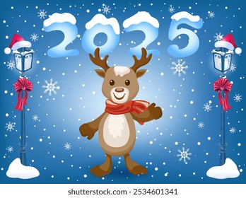 Funny deer fawn and Christmas vintage streetlamp with red bow. New Year card.