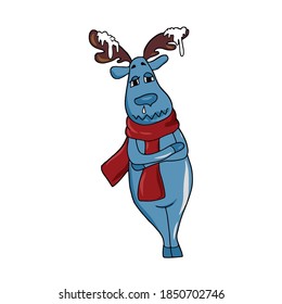 Funny deer froze and turned blue from the cold .Vector children's illustration on a white isolated background for banners, postcards and stickers,