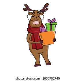 El ciervo gracioso con gafas sostiene dos cajas con regalos.ilustración infantil vectorial en un fondo blanco aislado para carteles, postales y pegatinas,