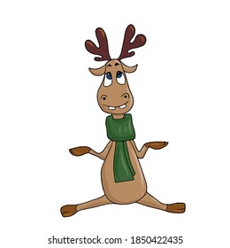 Funny deer in a green scarf in perplexity. Vector children's sticker design on white isolated background.