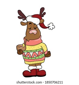 Funny deer in a hat and scarf in a bright sweater Smoking a pipe .vector children's illustration on a white isolated background for banners, postcards and stickers,