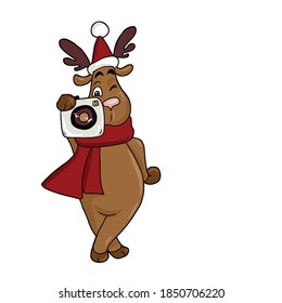 Funny deer in a hat and scarf holding a camera .vector children's illustration on a white isolated background for banners, postcards and stickers