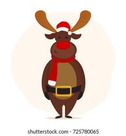 Funny deer. Merry Christmas and Happy New Year design. Cute character design. Good for use on postcard, card, banner, advertisement, flyer, leaflet. Vector illustration.