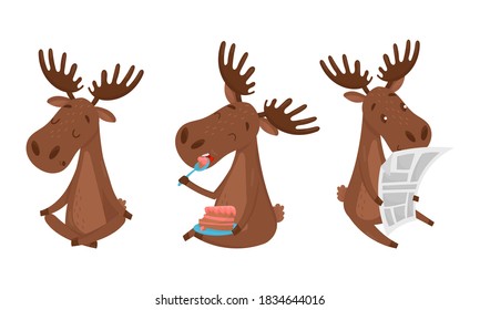 Funny Deer or Moose with Antlers and Hooves Vector Set