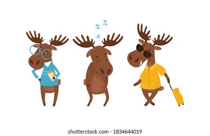 Funny Deer or Moose with Antlers and Hooves Vector Set