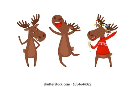 Funny Deer or Moose with Antlers and Hooves Vector Set