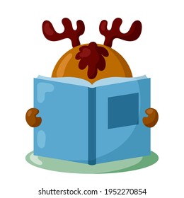 Cría divertida o alce con libro de diseño plano con sombras. Ilustración vectorial animal aislada	