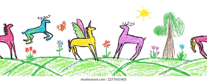 Funny deer, pegasus, unicorn, antelope set on meadow. Seamless border pattern. Crayon like child hand drawn cute characters. Pastel chalk pencil kids art flat cartoon. Vector doodle simple background