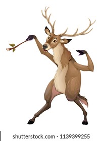 Funny deer is playing with a branch like a conductor. Vector isolated cartoon character
