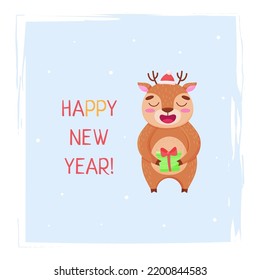 Funny deer postcard vector illustration. Happy New Year. Cartoon flat style. For print, postcards, children's development