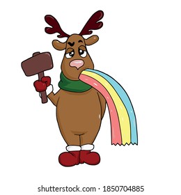 Funny deer with a rainbow in its mouth and a sign in its paw vector children's illustration on a white isolated background for banners, postcards and stickers,