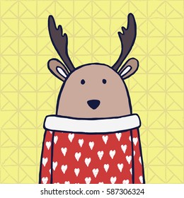 Funny deer in red sweater with white hearts in yellow background. Hand drawn vector card with animal 