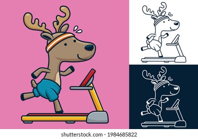 Funny deer running on treadmill. Vector cartoon illustration in flat icon style