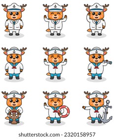 Funny Deer sailors set. Cute Deer characters in captain cap cartoon vector illustration.