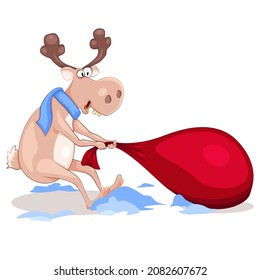 A funny deer in a scarf drags a bag with gifts through the snow. Flat illustration isolated on white background.
