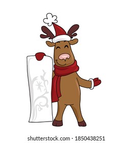 A funny deer in a scarf and hat holds a list . Vector children's sticker design on white isolated background.For banners and postcards..