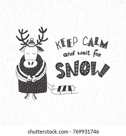 Funny deer with a sleigh. Winter postcard with quotes and phrases. Hand drawn lettering with decorative elements. Scandinavian style.