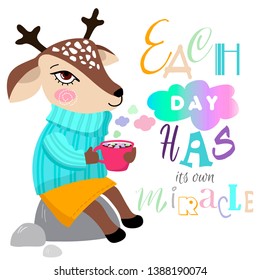 Сute funny deer in a sweater sitting on a stone and drinking coffee with marshmallows. Artwork for phone case ,sweatshirt, t-shirt,fabrics, souvenirs, packaging, greeting cards and scrapbooking