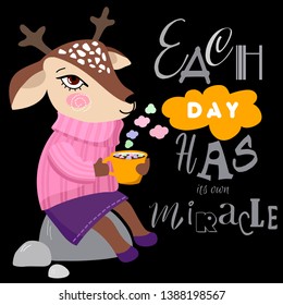 Сute funny deer in a sweater sitting on a stone and drinking coffee with marshmallows. Artwork for phone case ,sweatshirt, t-shirt,fabrics, souvenirs, packaging, greeting cards and scrapbooking