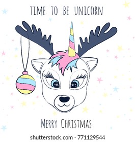 Funny deer unicorn christmas card. Trendy new year meme creative poster. Colorful vector design banner with unicorn deer for 2018 celebration event.