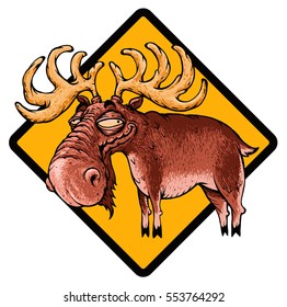 Funny Deer warning sign Cartoon character Vector illustration