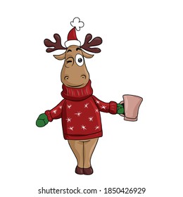 Funny deer winks wearing a hat and red jumper holding a mug. Vector children's sticker design on white isolated background.