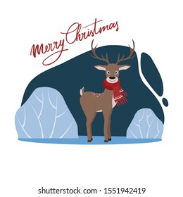 Funny deer in the winter forest. Flat cartoon style illustration. Perfect for invitation cards, post cards, posters, and much more.