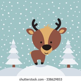 Funny deer in winter on background trees, the snow is falling